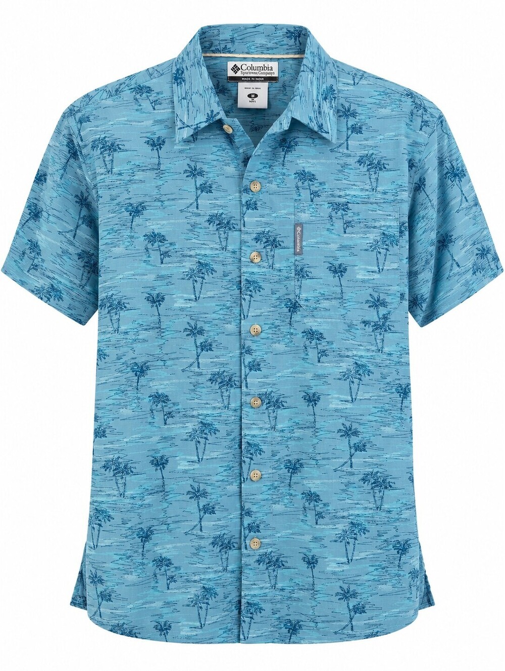 Columbia Men’s M Blue Palm Tree Tropical Cotton Button Up Shirt Y2K